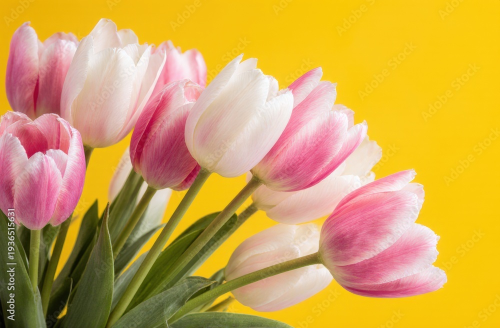 Fototapeta premium Vibrant pink and white tulips against bright yellow background