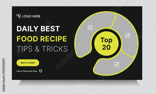 Food recipe daily tips and tricks video cover banner design, delicious food recipe tips and tricks video cover banner design, editable vector eps 10 file format	