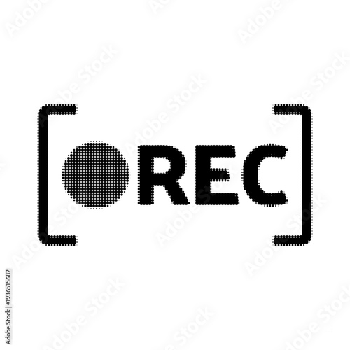 Halftone dotted illustration of a video recording frame with REC symbol. Monochrome camera interface icon isolated on light background, recording and media production concept.