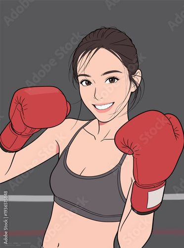 Woman trains in a boxing center while wearing red gloves and a sports top. She smiles as she prepares for practice or a match.