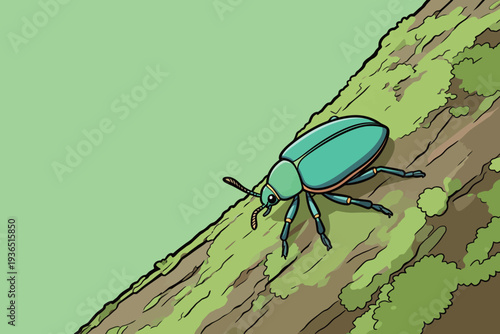 A beetle is climbing on a surface covered in moss. The setting shows green tones. The scene occurs in daylight.