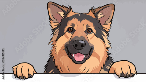 A dog with a friendly face is standing on its paws, peeking over a white surface. The dog shows excitement and joy at home.