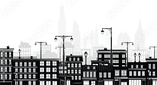A flat 2D illustration of a city skyline with a seamless silhouette of buildings and streetlights against a white background.