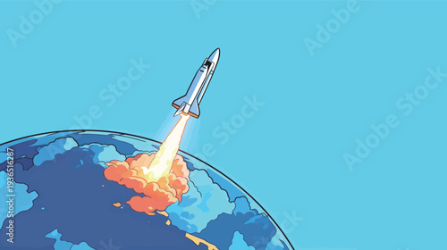 A rocket lifts off from Earth, leaving a trail of smoke and fire, as it ascends into the clear blue sky.