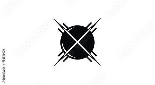 Abstract symbol representing a dark sphere with radiating lines, conveying a sense of energy or impact.