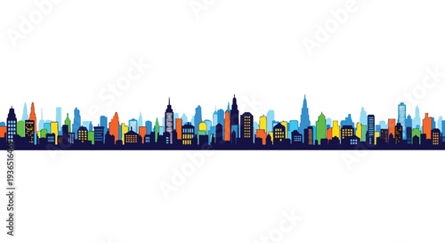 A flat 2D illustration of a vibrant city skyline silhouette against a clean white background, showcasing a seamless colorful urban landscape.