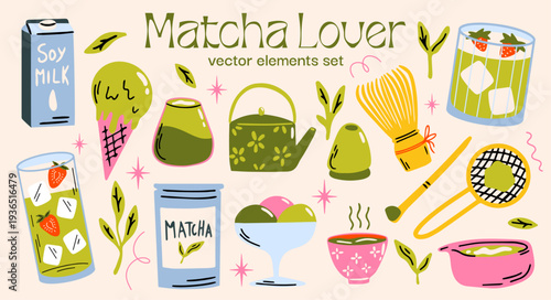 Matcha Lover vector sticker elements set with illustration of japanese tea drink, matcha latte, desserts, ice cream for restaurant, cafe menu design