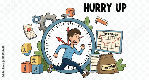 Businessman running late against clock deadline vector illustration flat design