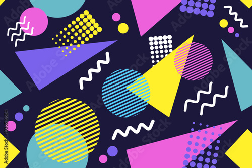 Memphis design seamless repeat pattern. Memphis 80s geometric colorful creative design vector illustration. For textile, texture, fabric wrapping, decorative, wallpaper, shirts, clothing, tablecloth