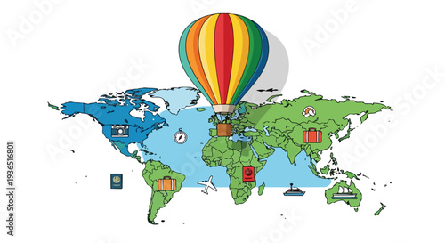 Flat 2D illustration of a colorful world map with a hot air balloon and various icons, representing global travel and concept.