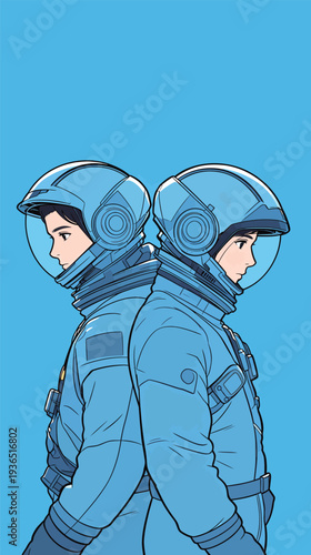 Two astronauts stand back to back in blue suits and helmets on a flat blue background. They appear focused and ready for a mission.