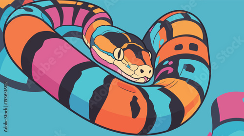 A snake with bright patterns winds around itself on a blue surface. Its vibrant colors stand out in the light.