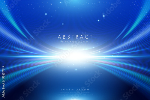Abstract background with lines and blue light ray effects towards the center, along with twinkling stars. Modern and futuristic technology concept.