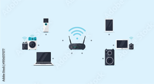 Flat vector art of smart home devices connected, simplified shapes, harmony color palette, white background