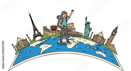 Flat 2D illustration of a young traveler standing on a world map with iconic landmarks in a concept design for travel and exploration.