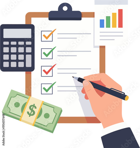 Business Checklist and Financial Planning Concept – Hand Holding Pen Marking Task List on Clipboard with Calculator, Cash Money and Analytics Chart Flat Vector Illustration
