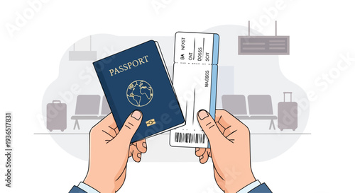 Flat 2D illustration of hands holding a passport and airplane ticket against a travel concept background with world map elements.