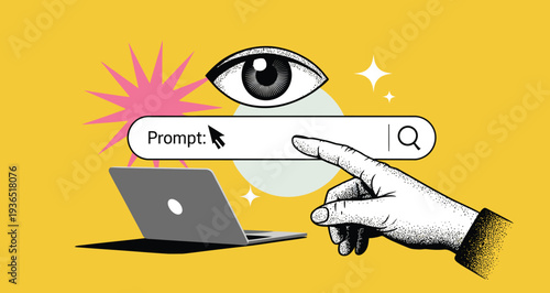 Eye observing search bar with prompt on laptop, symbolizing AI search and creativity