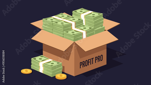 Open cardboard box brimming with large stacks of dollar bills and golden coins representing financial success and high profit.