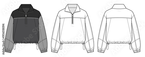 Contrast Sleeve Windbreaker technical fashion illustration. half-zip pullover vector template illustration. front and back view. dark grey. adjustable drawstring hem. unisex. CAD mockup.