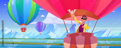 Hot air balloon with man and dove