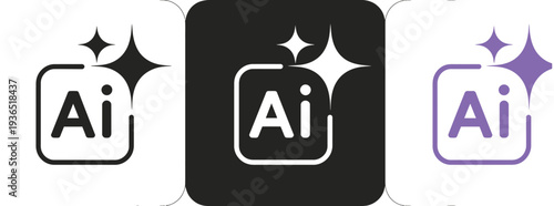 Three clean and modern AI icons with sparkling effects in black, white, and purple color variations.