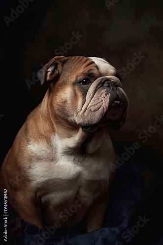 Close-up portrait of a bulldog against a dark, dramatic backdrop, illuminated by moody side lighting