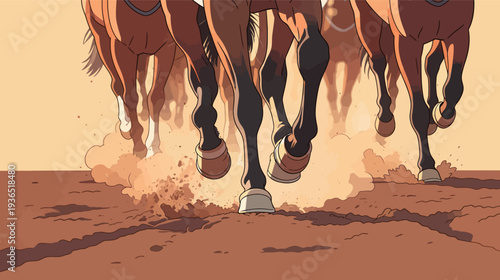 Horses move quickly along a dirt path, kicking up dust with their hooves during the afternoon. Sunlight casts a warm glow.