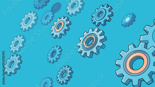 Gears with different designs float in space on a blue background. They represent technology and engineering concepts.