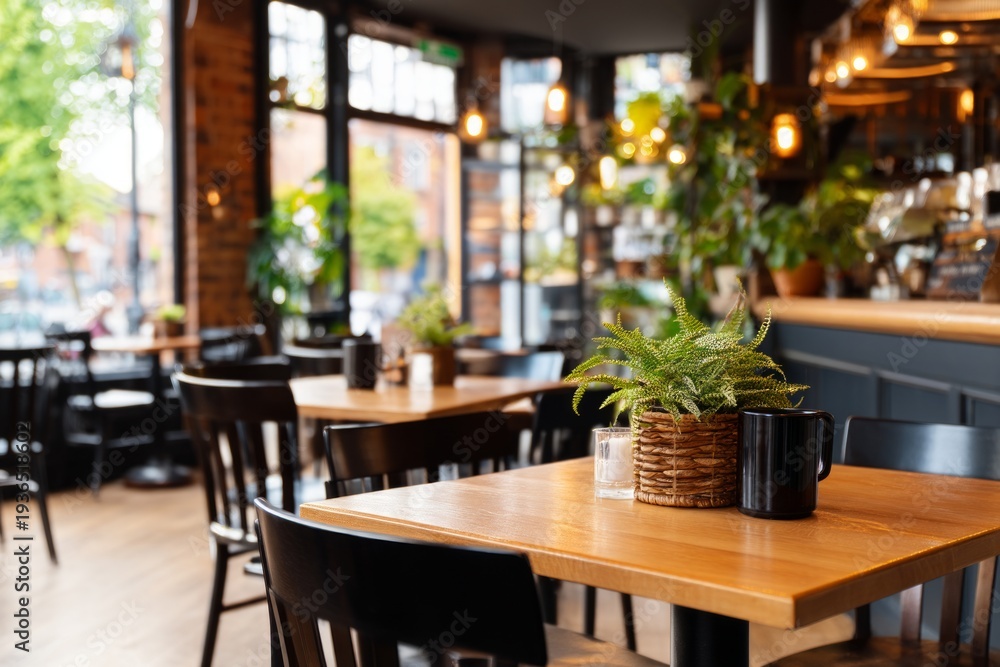 Fototapeta premium Cozy Rustic Cafe Interior with Dark Color Scheme and Natural Elements
