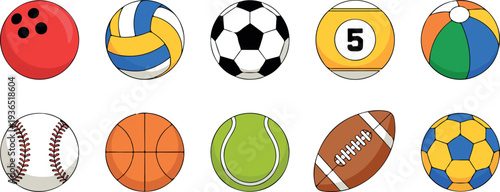 Flat sports equipment vector illustration set with soccer ball, basketball, tennis ball, baseball, bowling ball, and volleyball icons