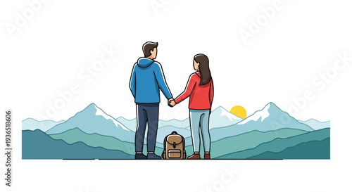 Flat 2D illustration of a romantic couple holding hands with a backpack, standing in front of a scenic mountain range and sunset, conveying a sense of travel and adventure in a concept world.