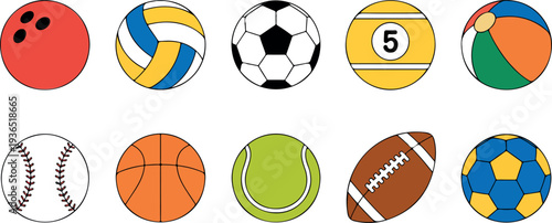 Sports balls collection vector set featuring soccer, basketball, tennis, baseball, bowling, and volleyball in modern flat illustration style