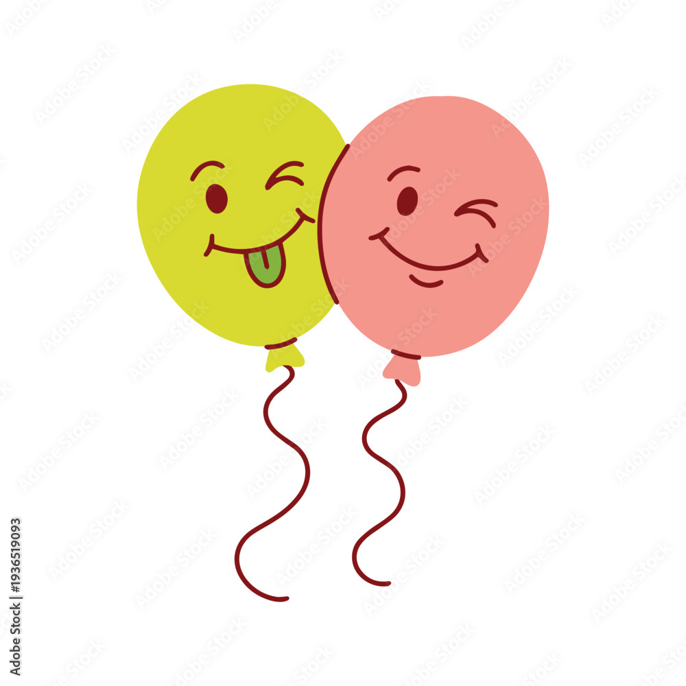 Naklejka premium Two cheerful pink and yellow balloons with smiling faces used for april fools day party decorations and festive school event flyers. Hand drawn balloons for happy holiday celebrations.