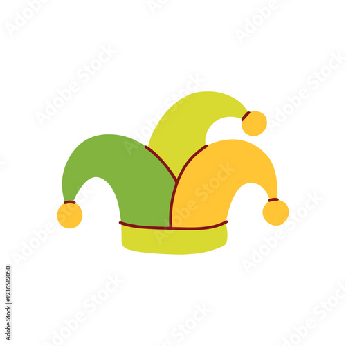 Traditional jester hat in green and yellow colors for April Fools Day masquerade and playful medieval clown costumes