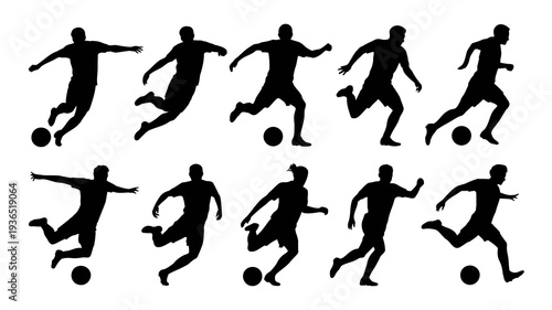 A collection of black silhouettes depicts various athletic poses mainly focused on running and kicking motions with soccer balls high quality professional detailed modern elegant stylish