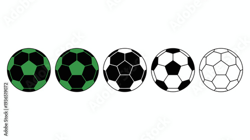 A row of five soccer balls is displayed varying in color and detail from fully colored to a simple line drawing high quality professional detailed modern