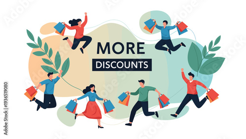 Group of happy people jumping and running with colorful shopping bags around a banner promoting more discounts and sales.