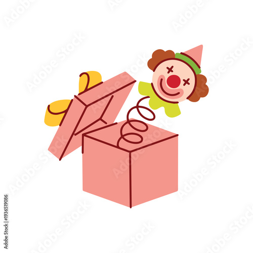 Pink jack in the box toy with a laughing clown jumping out for april fools day surprises and funny practical joke illustrations. Traditional surprise box for holiday pranks.