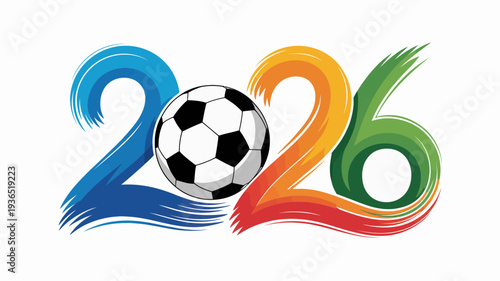 A vibrant illustration showcases the year 2026 integrated with a classic black and white soccer ball symbolizing a future sporting event high quality professional detailed modern