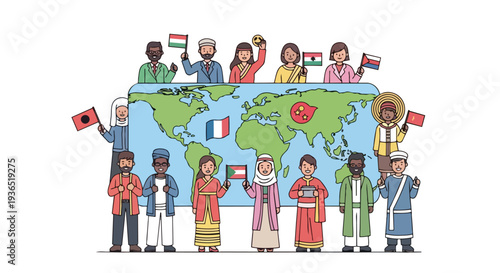 A diverse group of people standing in front of a flat 2D world map, holding flags, representing global travel and cultural concept.