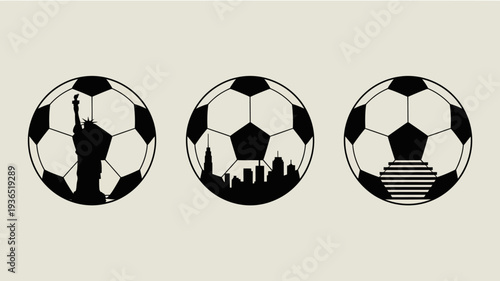 Three soccer balls are depicted each containing a silhouette of a famous landmark the statue of liberty a skyline and steps high quality professional detailed modern