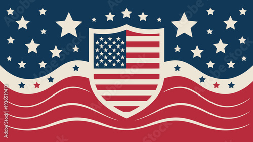 A patriotic design showcases an american shield incorporating the stars and stripes surrounded by wavy lines and additional stars high quality professional detailed modern elegant stylish