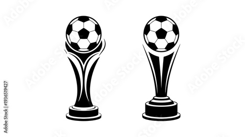 This image showcases two black and white depictions of a soccer trophy resembling the world cup symbolizing victory and athletic competition high quality professional detailed modern