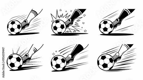 A series of black and white illustrations depict a soccer ball being kicked with varying impact and motion effects high quality professional detailed modern elegant stylish