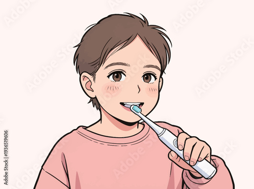 A child stands with an electric toothbrush in hand and smiles while practicing good oral hygiene at home in the morning.
