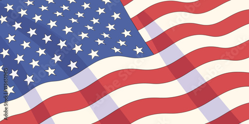 The American flag waves in the wind, showing its stars and stripes under a clear blue sky on a bright day.