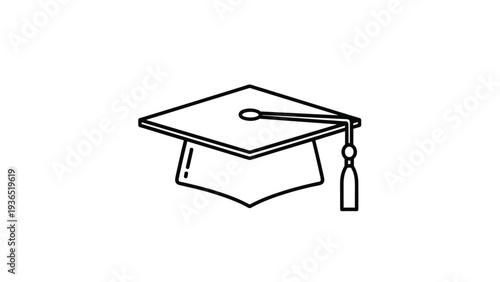 Simple black and white line art icon of a traditional graduation cap with a tassel isolated on a plain white background.