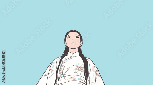 A woman stands upright wearing traditional attire. She has long hair and looks straight ahead. The background is light blue.