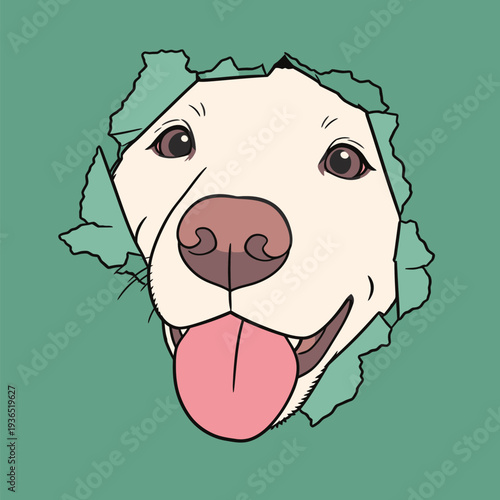 A dog shows its face through a torn piece of wall. The dog appears friendly and curious in this unique design.